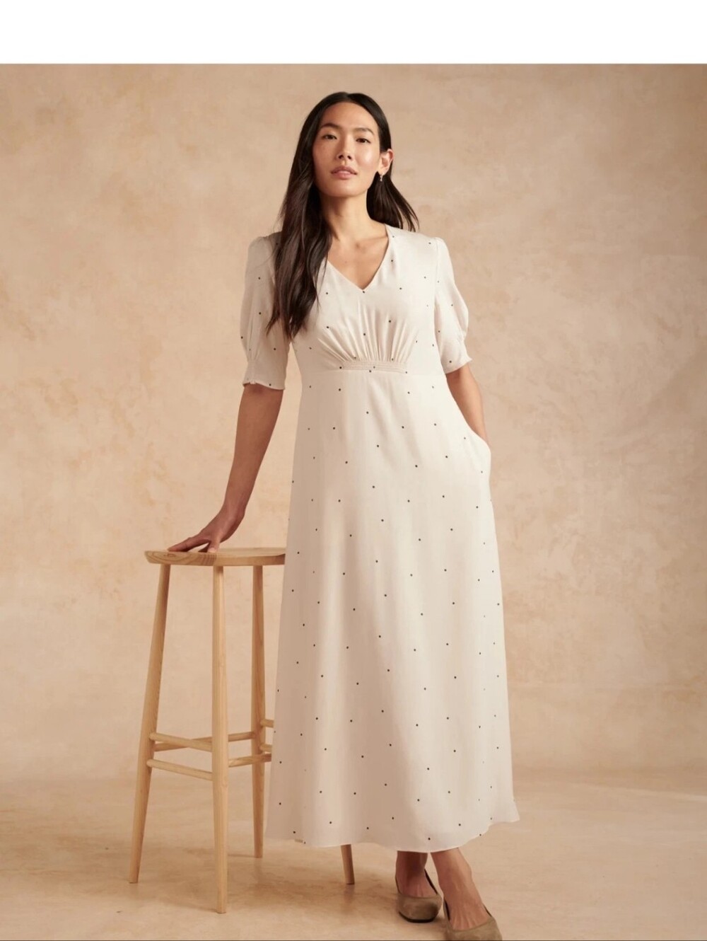 The White Company Spotted Print Midi Dress In Bone Ivory Size 6